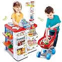 Kids Shopping Cart Toy Set, Pretend Play Supermarket Trolley with Cash Register, Scanner, Weighing Scale, Shopping Basket & Accessories, Mini Grocery Store Role Play Toy for Kids