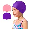Kids Swim Cap 2 Pack,Silicone Swim Cap for Kids Ages 3-15