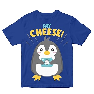 Kids T-Shirt Say Cheese Penguin with Camera