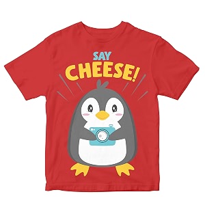 Kids T-Shirt Say Cheese Penguin with Camera