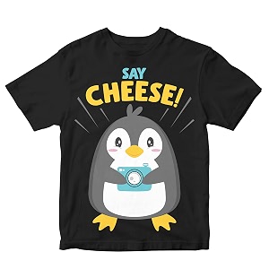 Kids T-Shirt Say Cheese Penguin with Camera
