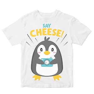 Kids T-Shirt Say Cheese Penguin with Camera