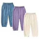 Kids Tales 3 Pack Boys Girls Cotton Linen Pants Child Basic Plain Solid Trousers Big Kids Elastic Waist Long Pants Bloomers