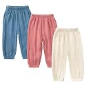 Kids Tales 3 Pack Boys Girls Cotton Linen Pants Child Basic Plain Solid Trousers Big Kids Elastic Waist Long Pants Bloomers