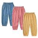 Kids Tales 3 Pack Boys Girls Cotton Linen Pants Child Basic Plain Solid Trousers Big Kids Elastic Waist Long Pants Bloomers