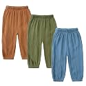 Kids Tales 3 Pack Boys Girls Cotton Linen Pants Child Basic Plain Solid Trousers Big Kids Elastic Waist Long Pants Bloomers