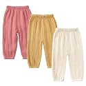 Kids Tales 3 Pack Boys Girls Cotton Linen Pants Child Basic Plain Solid Trousers Big Kids Elastic Waist Long Pants Bloomers