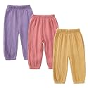 Kids Tales 3 Pack Boys Girls Cotton Linen Pants Child Basic Plain Solid Trousers Big Kids Elastic Waist Long Pants Bloomers