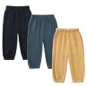 Kids Tales 3 Pack Boys Girls Cotton Linen Pants Child Basic Plain Solid Trousers Big Kids Elastic Waist Long Pants Bloomers