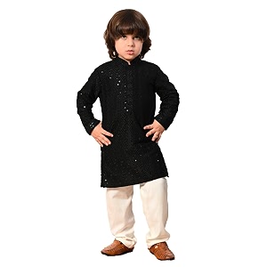 Kids Traditional Black Sequined Kurta with Mandarin