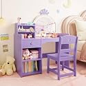 Kids Vanity with Lights – 2-in-1 Princess Makeup Vanity Desk &amp; Chair Set for Little Girls, Toddler Vanity Table with LED Mirror, Open Bookshelf, Storage Cabinet &amp; Shelves, Purple