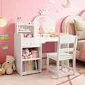 Kids Vanity with Lights – 2-in-1 Princess Makeup Vanity Desk &amp; Chair Set for Little Girls, Toddler Vanity Table with LED Mirror, Open Bookshelf, Storage Cabinet &amp; Shelves, White