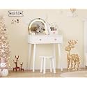 Kids Vanity Set,Bear-Shaped Make Up Vanity Desk with Lights &amp; Mirror,Wooden Princess Toddler Make Up Table Set for Little Girls,White