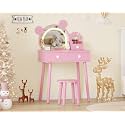 Kids Vanity Set,Bear-Shaped Make Up Vanity Desk with Lights & Mirror,Wooden Princess Toddler Make Up Table Set for Little Girls,Pink
