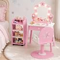 Kids Vanity Set with Light and Barber Chair, Snowflake Design Wooden Makeup Dressing Table with Storage Shelf and Hair Salon Play Set 7 pcs Accessories, Pretend Play Vanity Set for Toddler Girls, Pink
