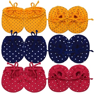 babies soft cotton knotted hosiery mittens - booties set multicolor 0-6 month -pack of 6 pair