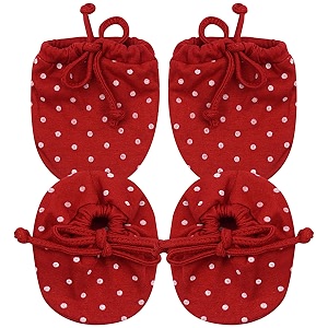 newborn baby soft cotton mittens and booties - cotton knotted mitten for toddler and kids red color 0-6 months - pack of 2 set