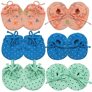 soft cotton mittens and booties for new born babykids mittenscotton cloth tying knotted baby mitten and bootiesmulticolor 0-6 month - pack of 6 set