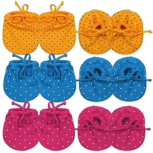 tying knotted hosiery cotton kids mittens and booties for infant  baby mittens multicolor 0-6 month - pack of 6 pair