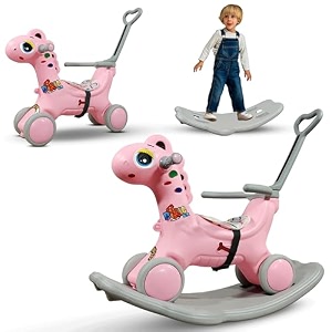 kidsmate 3-in-1 push ride-on and rocker for kids 2-5 years  ride push amp rock modes  seat belt safety  non-toxic amp pe body with parental handle  rocker horse for babies - pink