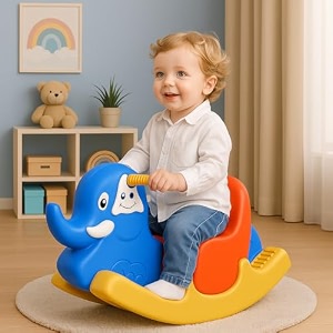 kidsmate rolling elephant ride-on rocker for toddlers  safe amp fun rocking toy for boys amp girls aged 1236 months  sturdy build bright colors  blue red amp yellow  25kg weight capacity