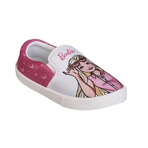 kidsville official barbie printed kids girls canvas shoes - white  lightweight sole super flexible comfortable indoor and outdoor slip on lofer shoes for kids