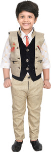 kidzwing boys festive  party shirt waistcoat and pant set beige pack of 1