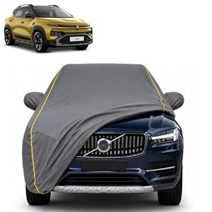 kiger 100 waterproof car cover  dustproof sun protection cover  soft cotton lining  triple stitched  mirror pocket  antenna pocket  all weather body cover grey with yellow piping