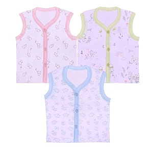 kike baby boys amp girls printed 100 pure cotton front open sleeveless jhabla vest t-shirt multicolour pack of 3