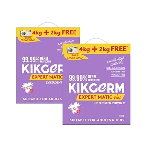 kikgerm plant based laundry detergent powder with fabric conditioner - natural eco-friendly non-toxic biodegradable - kids safe skin safe pet safe - tough stain remover- 6 kg pack of 2