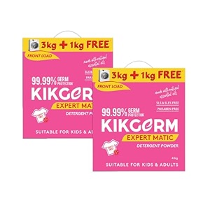 kikgerm front load detergent powder for tough stain removal white and coloured clothes plant based no harmful chemicals - 3kg 1kg 4 kg pack of 2