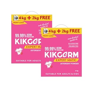 kikgerm front load detergent powder for tough stain removal white and coloured clothes plant based no harmful chemicals - 4kg 2kg 6 kg pack of 2