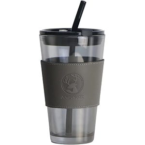 kikiluxxa black glass coffee sipper mug with leather sleeve pack of 1 clear drinking glasses tumblers with straws and lids for iced teajuicecocktailsmoothies cold amp hot drink cups400 ml
