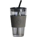 KiKiluxxa Black Glass Coffee Sipper Mug With Leather Sleeve Pack Of 1, Clear Drinking Glasses Tumblers With Straws And Lids For Iced Tea,Juice,Cocktail,Smoothies Cold &amp; Hot Drink Cups,400 ML