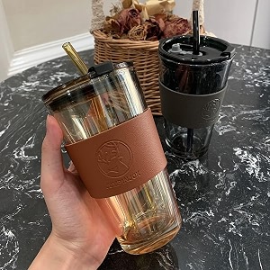 kikiluxxa coffee can glass sipper tumbler with lid straw - 400ml-pack of 1- green tea fruit juice milk glass cup mug with lid and straw glonzaz 1