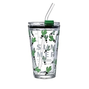 kikiluxxa coffee can glass sipper tumbler with lid straw - 400ml-pack of 1- green tea fruit juice milk glass cup mug with lid and straw glonzaz a 1