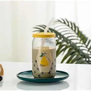 kikiluxxa coffee can glass sipper tumbler with lid straw - 300ml-pack of 1- green tea fruit juice milk glass cup mug with lid and straw trandex p 1