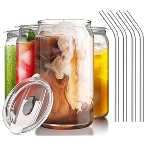 kikiluxxa coffee can glass sipper tumbler with lid straw - 540ml-pack of only 1pcs- green tea fruit juice milk glass cup mug with lid and straw dolotex 1