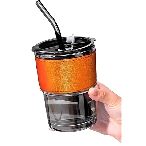 kikiluxxa coffee can glass sipper tumbler with lid straw - 400ml-pack of 1- green tea fruit juice milk glass cup mug with lid and straw wexotex 1