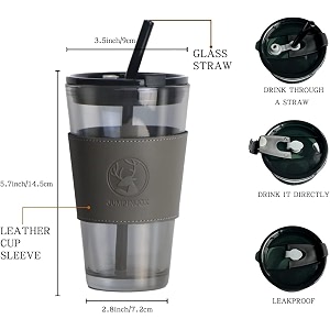 kikiluxxa coffee can glass sipper tumbler with lid straw - 400ml-pack of 1- green tea fruit juice milk glass cup mug with lid and straw franxozx 1