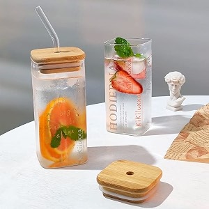 kikiluxxa coffee can glass sipper tumbler with lid straw - 385ml-pack of 1pcs only- green tea fruit juice milk glass cup mug with lid and straw stmpz 1