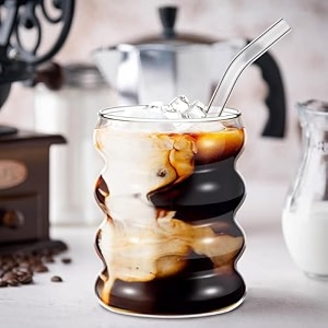 kikiluxxa coffee can glass sipper tumbler with lid straw - 400ml-pack of 1- green tea fruit juice milk glass cup mug with lid and straw sikexz1