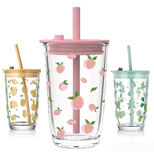 kikiluxxa coffee can glass sipper tumbler with lid straw - 400ml-pack of 1- green tea fruit juice milk glass cup mug with lid and straw -pink newlozx 1