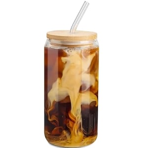 kikiluxxa coffee can glass sipper tumbler with lid straw - 510ml-pack of 1- green tea fruit juice milk glass cup mug with lid and straw rihtaz 1