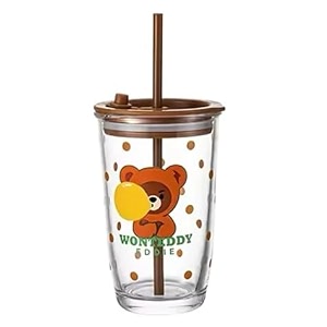 kikiluxxa coffee can glass sipper tumbler with lid straw - 400ml-pack of 1- green tea fruit juice milk glass cup mug with lid and straw blinwx bl 1