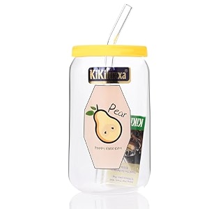 kikiluxxa coffee can glass sipper tumbler with lid straw - 400ml-pack of 1- green tea fruit juice milk glass cup mug with lid and straw polozbr 1