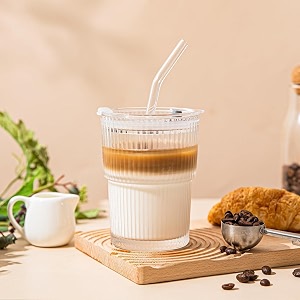 kikiluxxa coffee can glass sipper tumbler with lid straw - 400ml-pack of 1- green tea fruit juice milk glass cup mug with lid and straw rebotez 1