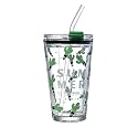 KiKiluxxa Coffee Can Glass Sipper Tumbler with Lid Straw - 400ml-Pack of 1- Green Tea Fruit Juice Milk Glass Cup Mug with Lid and Straw (Glonzaz A 1)