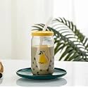 KiKiluxxa Coffee Can Glass Sipper Tumbler with Lid Straw - 300ml-Pack of 1- Green Tea Fruit Juice Milk Glass Cup Mug with Lid and Straw (Trandex P 1)