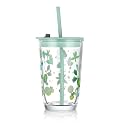 KiKiluxxa Coffee Can Glass Sipper Tumbler with Lid Straw - 400ml-Pack of 1- Green Tea Fruit Juice Milk Glass Cup Mug with Lid and Straw (Kriyolex 1)